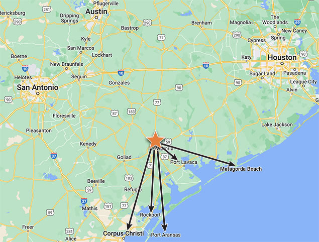 Map of the Texas Gulf Coast area, zoomed out far enough to show all the highways connecting the major cities of San Antonio, Austin, Houston, and Corpus Christi. Victoria sits in the middle of them, labeled with an orange star.